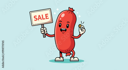Cute Sausage Character Holding Sale Sign and Gold Coin.