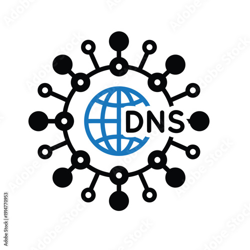 Global DNS network concept illustration, featuring internet infrastructure and worldwide data resolution. A connected globe icon symbolizes digital communication technology