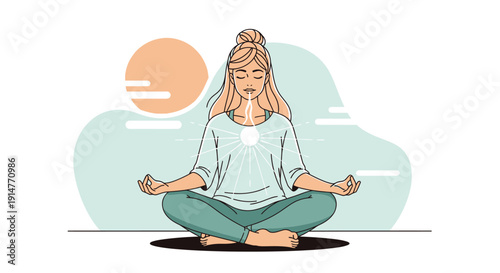 Woman meditating in lotus position with hands outstretched isolated on white background
