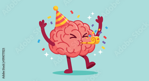 Happy Brain Celebrating with Party Hat and Confetti Vector illustration..