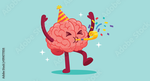 Happy Brain Character Celebrating with Party Hat and Blower.