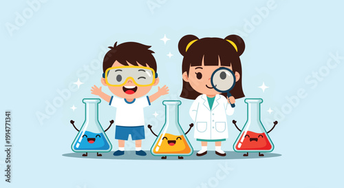 Happy children scientists with beakers.