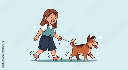 Happy girl walking her dog on a leash.