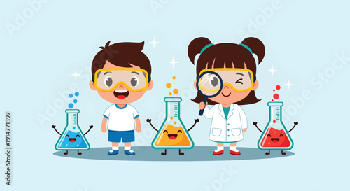 Happy Kids Doing Science Experiment with Flasks.