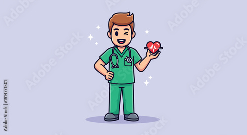Happy Male Nurse Holding Heart with Pulse Line Cartoon Illustration.