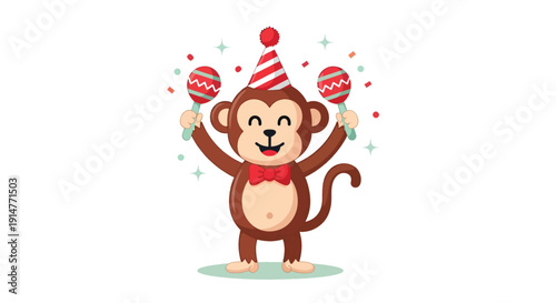 Happy monkey cartoon character celebrating with maracas and party hat.