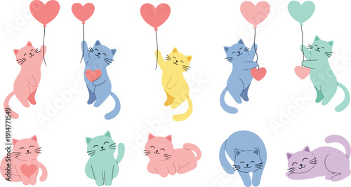 Cute cats holding love hearts balloon vector illustration flat design cartoon pets