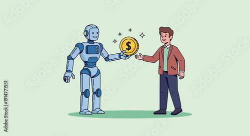 Robot and human exchanging money artificial intelligence in finance.