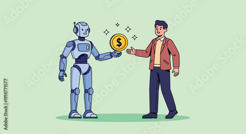 Robot and man exchanging money symbolizing AI in finance Vector illustration.