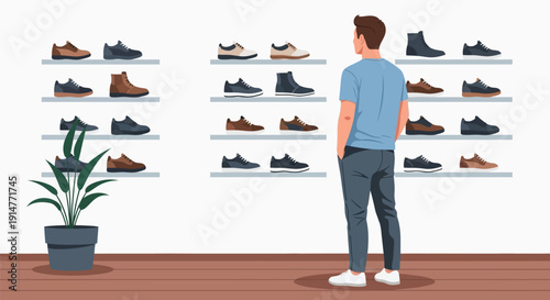 Man browsing shoes on shelves in a store with a potted plant