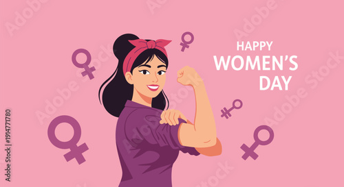 Happy Women's Day Strong Woman Illustration. Empowered Female flexing bicep on pink background. Feminism, equality, and celebration vector art.