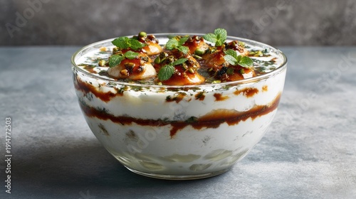 A towering layered bowl of creamy dahi vada lentil dumplings in yogurt topped with tamarind and mint chutneys on a soft grey background condensation on the bowl Traditional Indian Cuisine