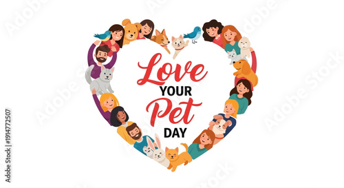 Heart-shaped illustration of diverse people and animals celebrating Love Your Pet Day with a cute and affectionate theme.