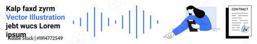Communication, agreements, remote work, digital contracts, technology, business innovation. Person holding a tablet, audio waves and a contract. Communication and agreements concepts