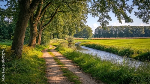 Walking trail through lush green fields and forests along a river in vasse village, dutch countryside near the german border