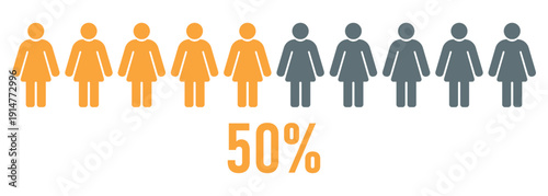 Fifty Percent Women Icon, 50 Percent Female Population Concept, Woman Pictogram Row Statistics, Gender Ratio Visualization, Demographic Infographic Design Illustration
