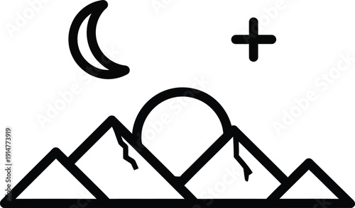mountain landscape with sun moon and plus sign