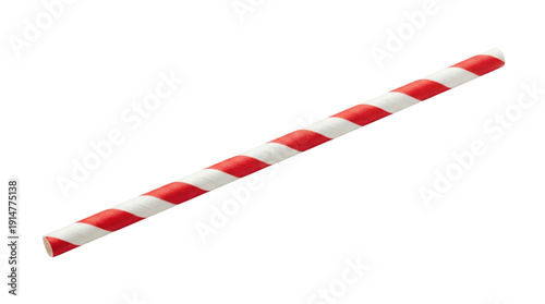 Single red and white striped paper drinking straw, angled diagonally and isolated on a clean white background, ready for beverage branding or festive design.