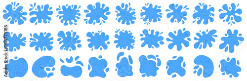 Splash water crayon set. Promo sticker for text in puddle paint blot shape. Figures with an abstract fluid drops backgrounds for message. Irregular wavy blob elements for a funky chalk pastel texture.