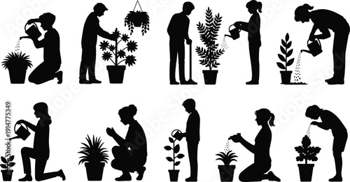 Black silhouettes of people gardening and watering potted plants isolated on white background for home hobby and horticulture design projects.