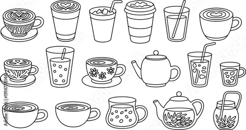 Set of black and white line art beverage icons featuring coffee cups, teapots, iced drinks, and lattes for cafe menus.