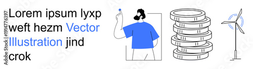 Sustainability, renewable energy, financial growth, innovation, clean technology, economic development. Illustration a wind turbine, stacked coins and a man with a lightbulb. Sustainability