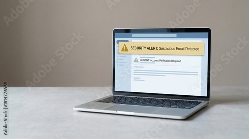 Laptop displaying security alert for suspicious email detected  