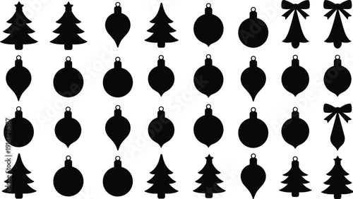 Set of black Christmas ornament silhouettes including baubles, trees, and bows isolated on white background for festive holiday graphic design.