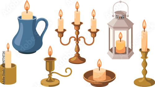 Candle lantern vector illustration set, vintage candleholder collection, burning flame icons, isolated background design decoration lighting antique concept