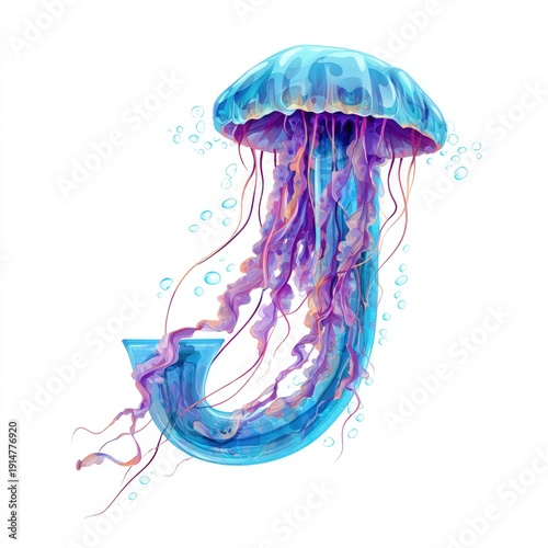 Playful uppercase letter J shaped like a jumping jellyfish with trailing tentacles ocean-themed vibrant colors clean clipart isolated on pure white background