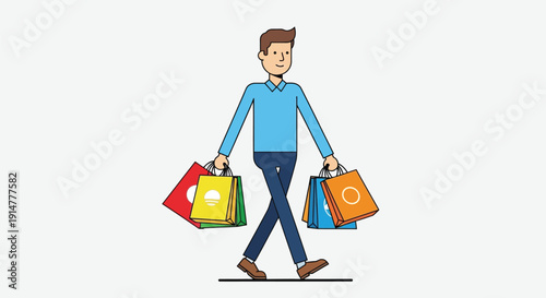A man walking and carrying colorful shopping bags isolated on transparent background