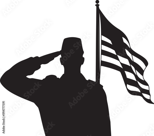 Silhouette of a saluting soldier with an American flag