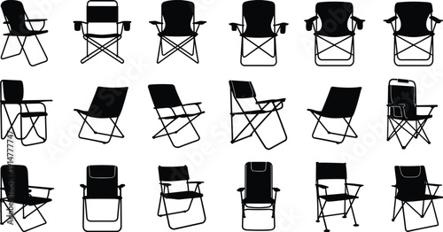 Set of black folding camping chair silhouettes isolated on white background, various portable outdoor seating for garden, picnic, and hiking.