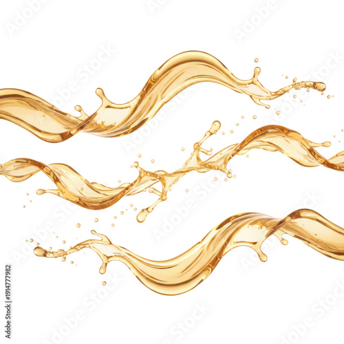 Three golden amber liquid splashes with dynamic waves and droplets, isolated on a clean white background, ideal for beverage branding or cosmetic product promotion.