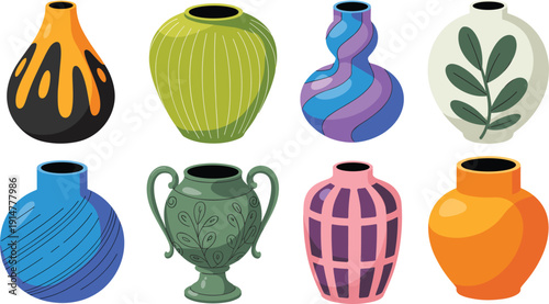 Decorative ceramic vase vector set, colorful pottery jar container collection, modern home decor illustration bundle design template pack