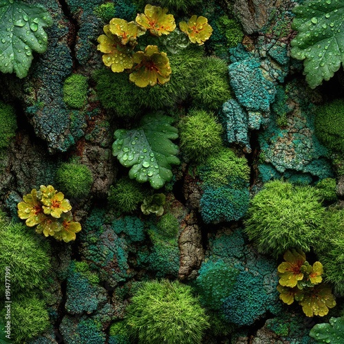 A dense luxurious pattern of various green mosses and lichens on wet bark water droplets ultra-detailed vibrant emerald and olive tones seamless texture