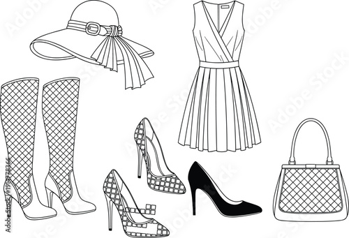 Black and white vector line art illustration set of elegant women's fashion accessories including summer hat high heel shoes boots dress and handbag branding