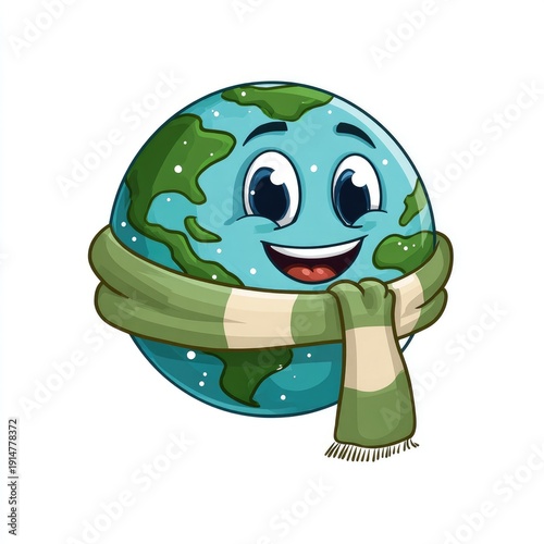 A cute cartoon planet Earth wearing a winter scarf and a happy expression isolated on white background