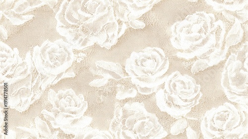 Floral lace fabric pattern in ivory white delicate threads forming rose motifs with subtle transparency for bridal or fashion use seamless background