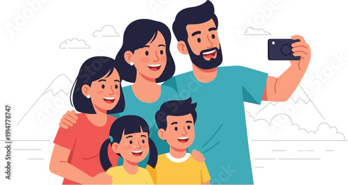 A happy family taking a selfie together outdoors.