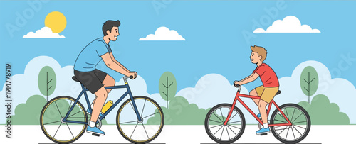 father and son riding bicycles together.