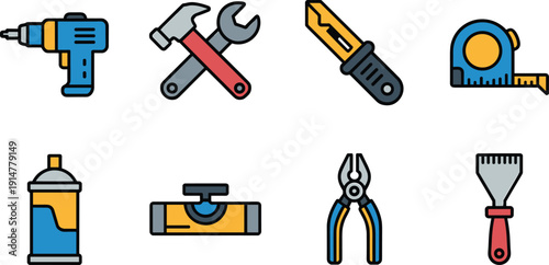 Hand tools vector illustration set, construction repair equipment collection, handyman toolkit icons, maintenance isolated background design professional concept