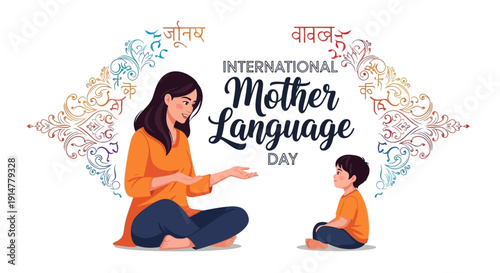 Illustration of a mother and child celebrating International Mother Language Day with colorful designs and text in a joyful and cultural setting.