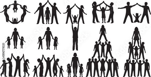 Diverse group of people in various poses and formations together