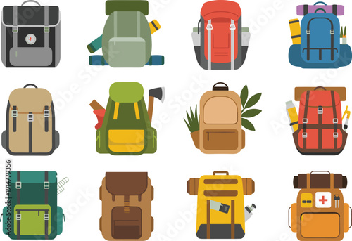Hiking backpack vector illustration set, camping travel rucksack collection, outdoor adventure equipment icons, trekking gear isolated background design