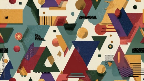 Memphis style abstract pattern bold geometric shapes muted modern color palette seamless background