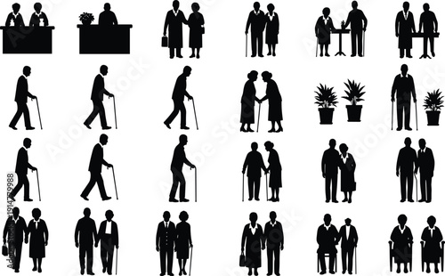 Black vector silhouette set of diverse senior citizens elderly couples walking with canes and sitting for geriatric care retirement home and nursing branding design