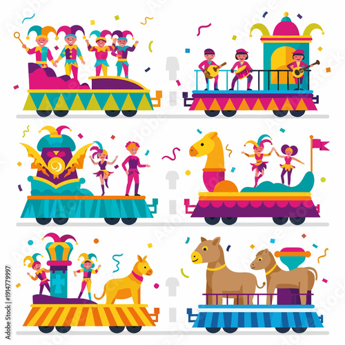 Colorful carnival parade floats with jesters, musicians, dancers, and horse figures, celebrating a festive event.