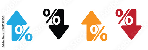 
Percentage rate arrow icon set. Percent arrow up and down symbol. Price increase and decrease vector illustration. Profit sign. Up and down arrows with percentage pictogram. Financial growth concept