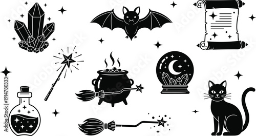 Black vector silhouette set of mystical halloween magic items including a cat bat cauldron crystal ball magic wand and scroll for occult branding